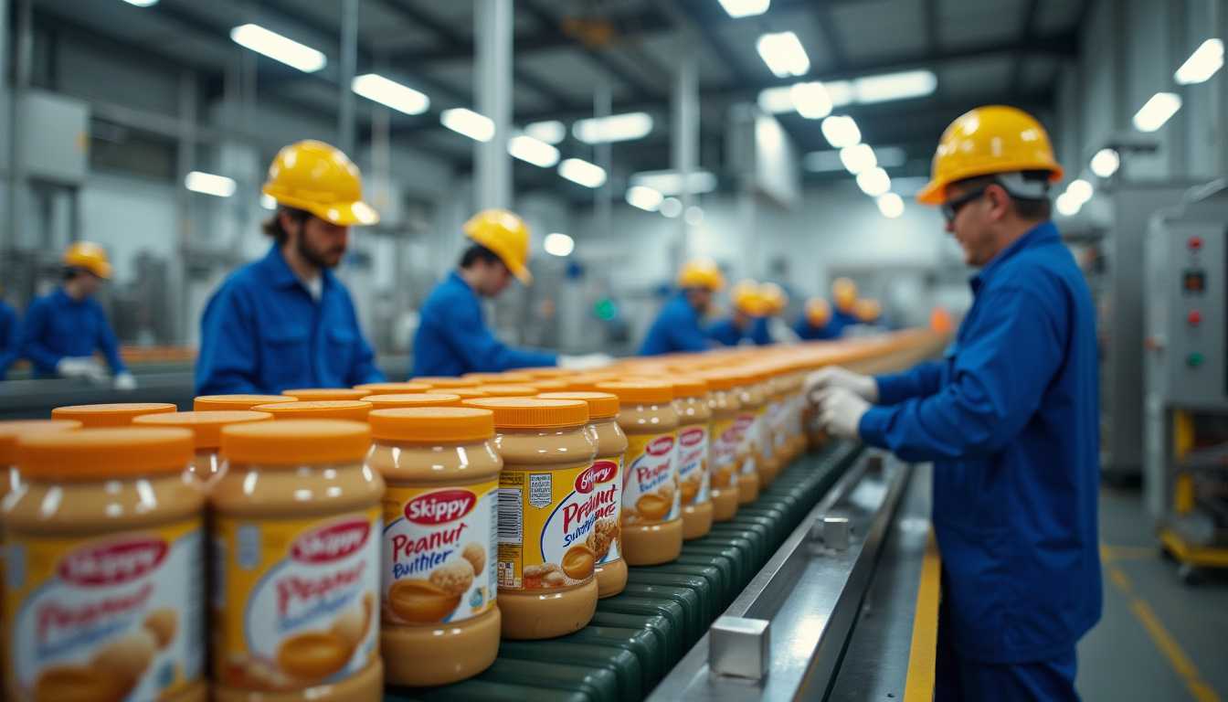Create an image that depicts a Skippy Peanut Butter production line. The scene should be set in a large, industrial factory with rows of Skippy Peanut Butter jars lined up on conveyor belts. Workers in blue uniforms and safety helmets are diligently filling the jars with smooth, creamy peanut butter. The conveyor belts move the jars in an orderly fashion, and the process is automated with machinery that dispenses the peanut butter. The factory floor is clean and organized, with a sense of efficiency and precision. The Skippy logo is visible on each jar, and the overall atmosphere is one of industriousness and the production of a popular food item.