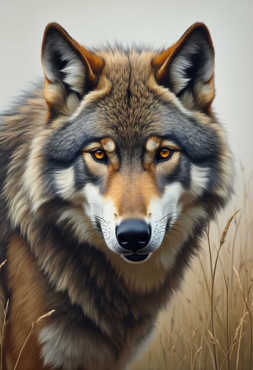 oil painting of a very close-up face of a wolf with furry coat, and an angry face, looking at viewer, soft muted colors, high grass, highly detailed, highly realistic, style of Robert Bateman