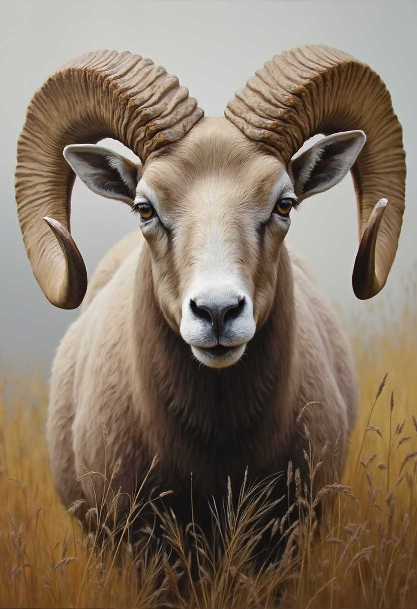 oil painting of a very close-up face of a big horn sheep, and an angry face, looking at viewer, soft muted colors, high grass, highly detailed, highly realistic, style of Robert Bateman