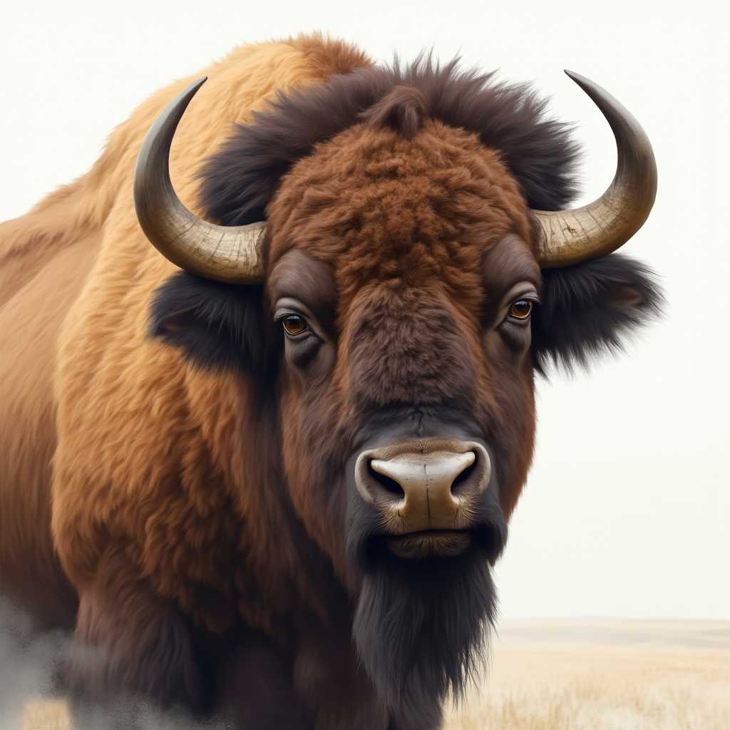 A close-up portrait of a bison focusing on its head and upper neck, looking at viewer,  in the style of Robert Bateman. The bison’s fur is rendered in a realistic and textured manner, showcasing a variety of rich brown tones that create depth and dimension. The thick, coarse fur features visible individual strands of hair, adding a lifelike quality to the image. The bison’s eyes are prominent and expressive, conveying calmness and attentiveness. Its slightly dilated pupils and dark, rich brown irises complement the overall color scheme. The well-defined eyelashes and thick, dark eyebrows enhance the realism of the bison’s face. The bison’s curved horns are lighter brown than its fur, making them stand out against the minimalistic background. The horns are detailed with individual ridges and grooves, giving them a rugged, weathered appearance.

The background is a soft, white wash fading into a gentle mist or fog, creating depth and directing focus to the bison's face. The contrast between the white background and the brown tones of the bison makes the subject stand out even more. The overall art style is realistic with a touch of impressionism, indicated by loose brushstrokes and the interplay of light and shadow. The medium appears to be oil or acrylic paint, evidenced by the rich texture and vibrant colors