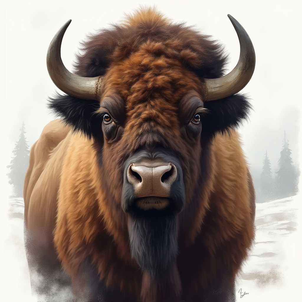 A close-up portrait of a bison focusing on its head and upper neck, looking at viewer,  in the style of Robert Bateman. The bison’s fur is rendered in a realistic and textured manner, showcasing a variety of rich brown tones that create depth and dimension. The thick, coarse fur features visible individual strands of hair, adding a lifelike quality to the image. The bison’s eyes are prominent and expressive, conveying calmness and attentiveness. Its slightly dilated pupils and dark, rich brown irises complement the overall color scheme. The well-defined eyelashes and thick, dark eyebrows enhance the realism of the bison’s face. The bison’s curved horns are lighter brown than its fur, making them stand out against the minimalistic background. The horns are detailed with individual ridges and grooves, giving them a rugged, weathered appearance.

The background is a soft, white wash fading into a gentle snowy mist or fog, creating depth and directing focus to the bison's face. The contrast between the white background and the brown tones of the bison makes the subject stand out even more. The overall art style is realistic with a touch of impressionism, indicated by loose brushstrokes and the interplay of light and shadow. The medium appears to be oil or acrylic paint, evidenced by the rich texture and vibrant colors