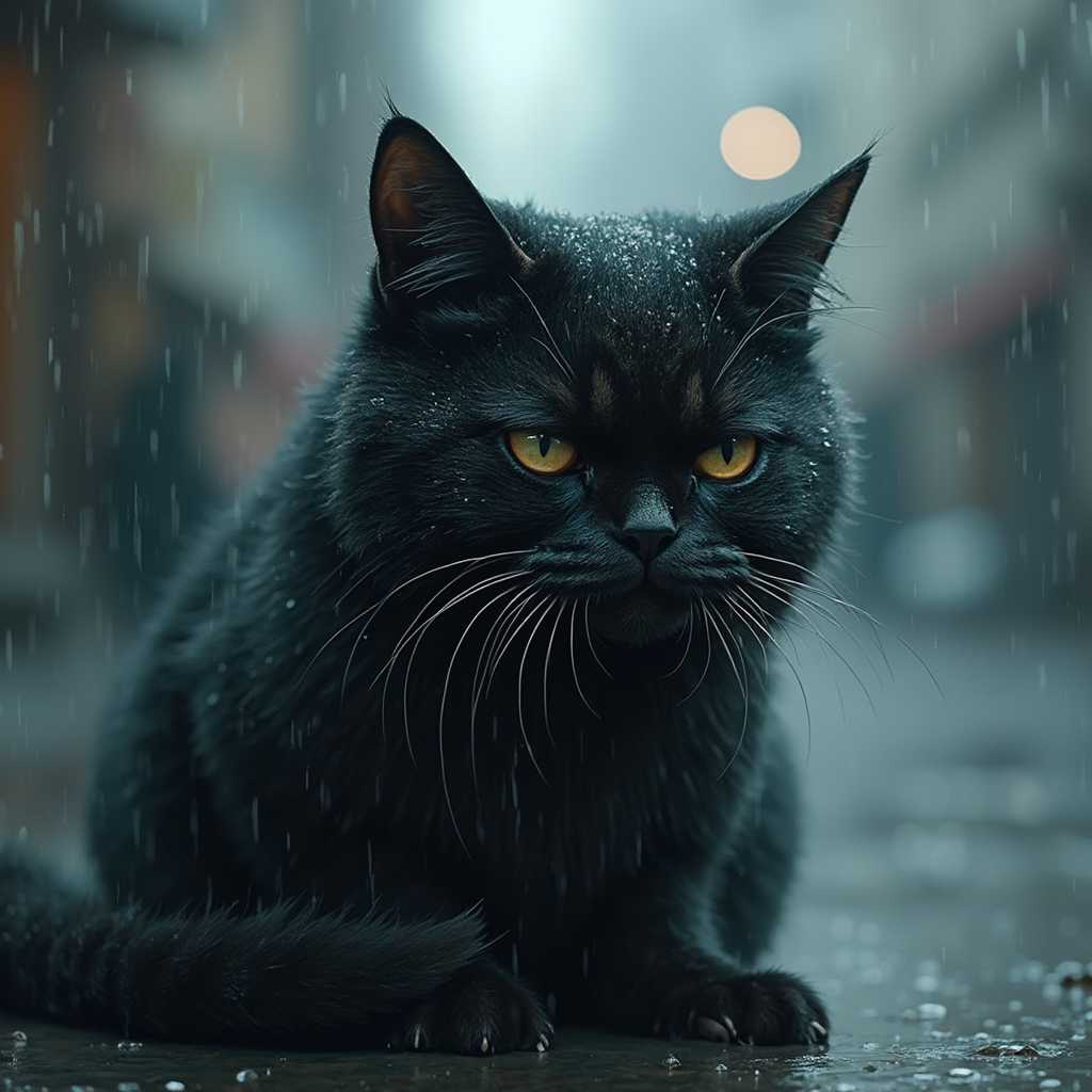 A thoroughly soaked wet cat with water-soaked furs clinging to its body, individual strands of fur visibly dripping with droplets. The scene is detailed with the cat’s whiskers glistening under a soft, diffused light that catches the water droplets. The background is a blurred, rainy urban setting, with soft, muted colors to enhance the wetness and somber mood. The cat is positioned centrally in the frame with a close-up perspective, capturing its sad and drenched expression. The atmosphere is damp and overcast, with rain softly falling, adding to the wet and cold feeling of the scene. Photorealistic style, with high attention to texture and lighting to emphasize the soaked fur and reflective water effects.