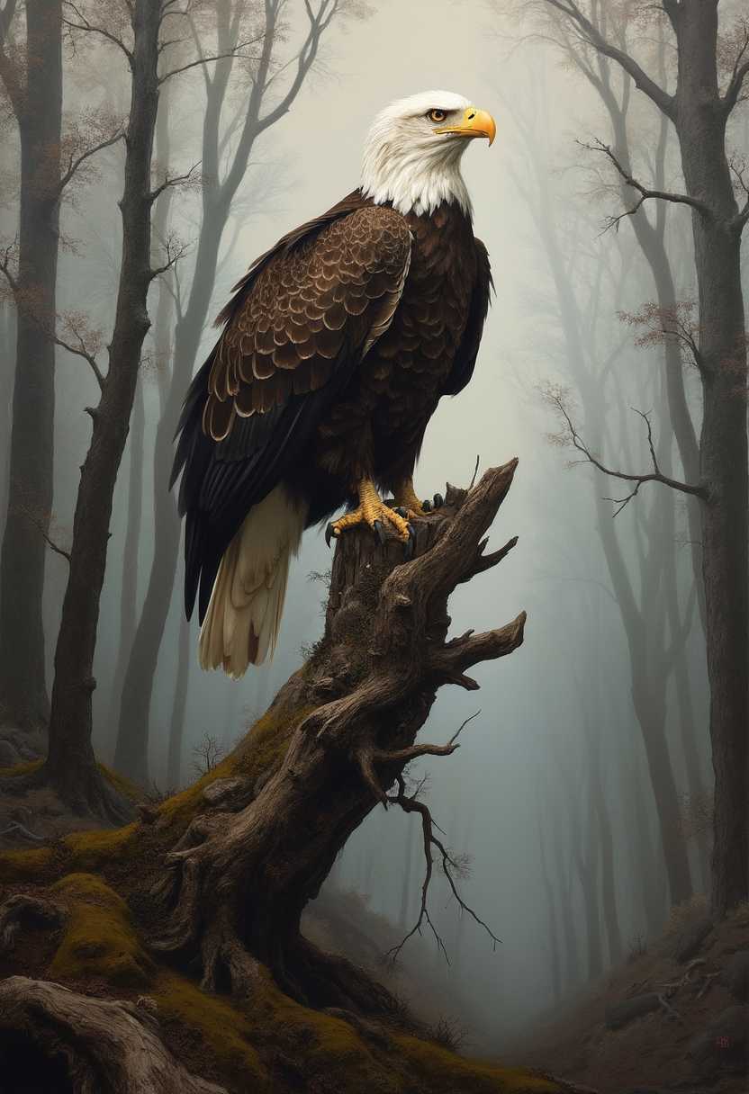 A realistic oil painting in the style of Roberta Bateman depicting a majestic bald eagle perched atop a weathered, gnarled tree stump. The eagle is the central focus, meticulously detailed to capture the texture of its feathers and the sharp intensity of its gaze. The naturalistic art style is marked by a rich interplay of light and shadow, providing a three-dimensional impression. The oil paint technique is evident in the velvety texture and the nuanced play of light across the scene. The color palette is muted and earthy, featuring predominantly browns, grays, and whites, with the eagle's white head and tail creating a stark contrast against its dark body, drawing immediate attention. The background unveils a misty forest with slender, towering trees fading into the distance, imbuing the scene with a sense of depth and a tranquil, ethereal atmosphere. The gnarled tree stump is intricately textured, moss-covered, with protruding branches and twigs, enhancing the realism. The dense forest surrounding the eagle contributes to the scene's mysterious and serene ambiance, the trunks of the trees disappearing into the enveloping mist, further enhancing the sense of depth and immersion.