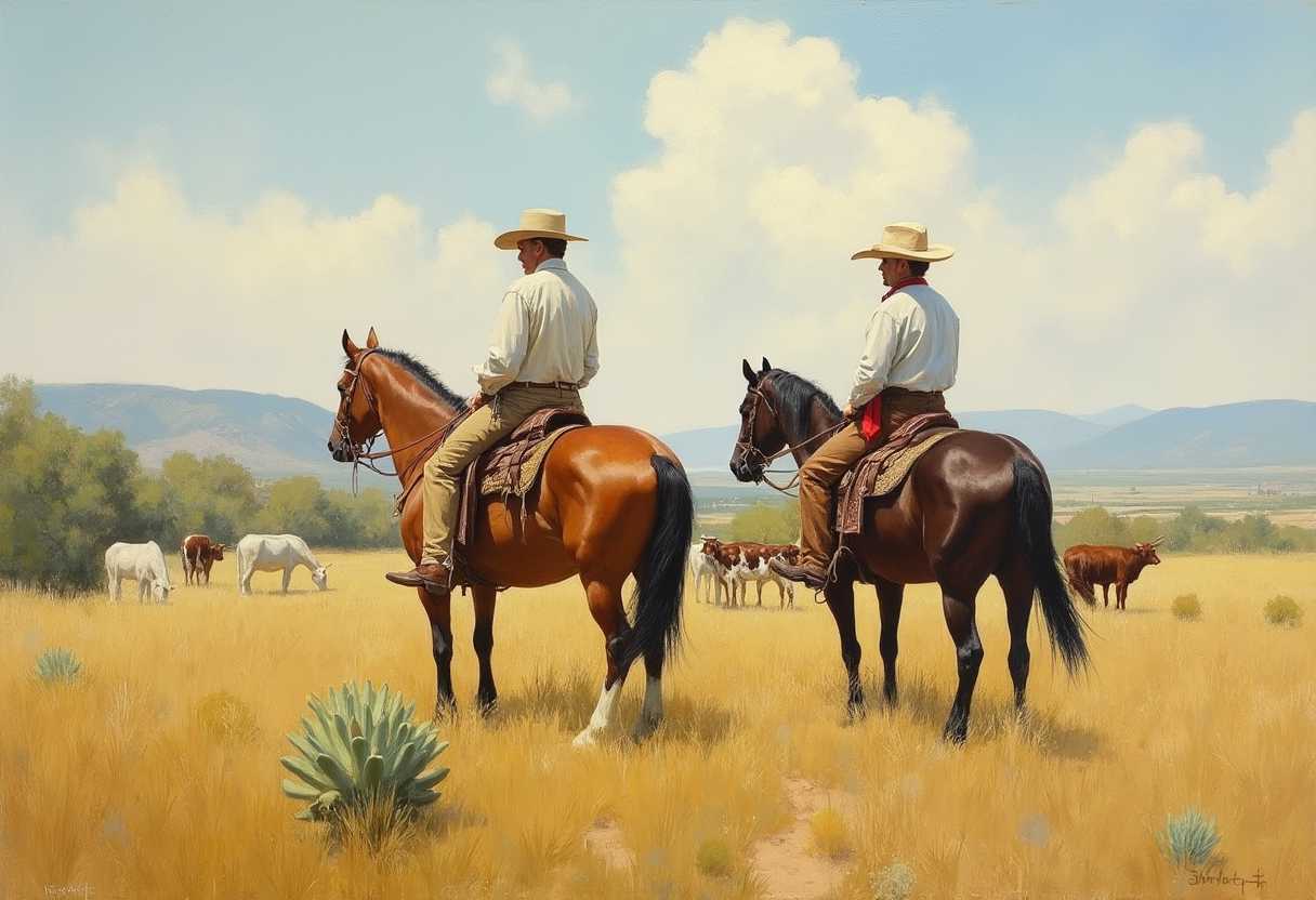 This is an oil painting depicting a scene of cowboys, facing camera,  on horseback in a pastoral landscape, in the style of Robert bateman. The art style is realistic with a touch of impressionism, evident in the loose brushwork and the play of light and shadow. The medium appears to be oil paint on canvas, as suggested by the texture and sheen of the paint.The painting is dominated by a palette of earthy tones, with a predominance of browns, yellows, and greens. The sky is a soft blue with wispy white clouds, providing a serene backdrop to the scene. The foreground is a golden field of tall grass, with a few tufts of greenery and a single, prominent cactus plant, adding texture and depth to the composition.In the middle ground, there are two cowboys on horseback. The cowboy on the left is wearing a widebrimmed hat and a white shirt with rolledup sleeves, tucked into brown trousers. He is astride a horse with a light brown coat and a darker mane, looking off to the side with a relaxed posture. The cowboy on the right is also in a widebrimmed hat and a white shirt, with a red bandana around his neck. He is perched atop a horse with a darker coat and a lighter mane, with one hand resting on his thigh and the other holding onto the reins.Behind the cowboys, in the midground, there is a group of cattle grazing peacefully. The cattle are a mix of colors, predominantly browns and whites, with some having patches of black. They are scattered across the grassy field, contributing to the sense of a pastoral landscape.The background of the painting is a rolling hillside, with trees and shrubs dotting the landscape. The hills recede into a vast expanse of greenery, which could be a forest or a field, blending into the horizon line. The distant hills are softly lit, suggesting either the sun is low on the horizon or the light is diffused by the clouds in the sky.Overall, the painting evokes a sense of tranquility and nostalgia for the American West, capturing the essence of cowboy life and the beauty of the open landscape.