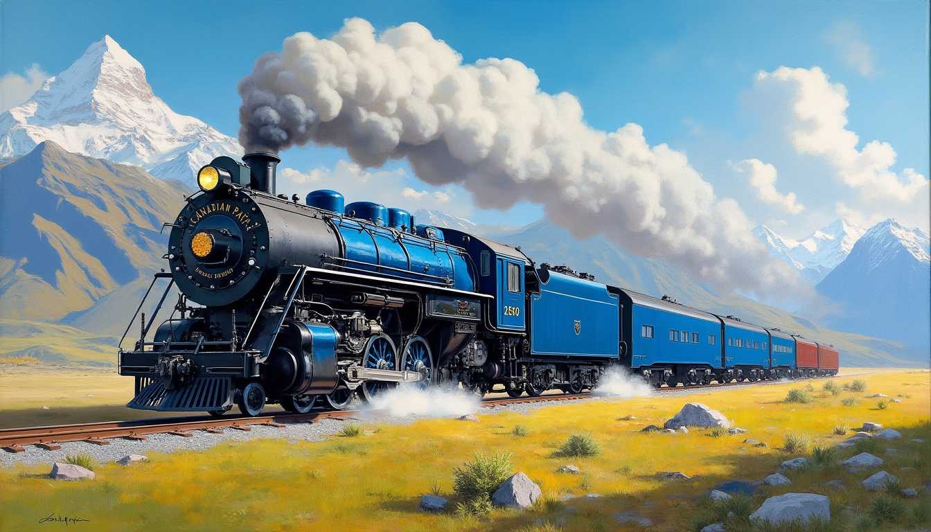Realistic oil painting of a steam locomotive, specifically the Canadian Pacific Railway, in full stride across a rugged landscape. The scene features the deep blue and black locomotive as the focal point, its robust design highlighted by a large, rounded front, a prominent smokestack, and a series of cowcatchers. The train, numbered 2850 with "CANADIAN PACIFIC" prominently displayed on the front, emits a voluminous plume of white steam that billows into the sky, adding a dynamic sense of motion.

The train's wheels are detailed with intricate spokes and hubcaps, and its cars are long, streamlined, and painted in matching blue, all exuding a classic elegance. The background showcases a sweeping vista of majestic mountains with snow-capped peaks, painted in a rich palette of earthy tones—greens and browns overlapping seamlessly. The foreground features a grassy field interspersed with patches of yellow and green, and dotted with a few small shrubs.

A clear blue sky with wispy clouds complements the scene, enhancing the sense of openness and vastness. The light plays beautifully across the locomotive and landscape, emphasizing the rich, smooth texture associated with oil paint. The vibrant and well-balanced colors—blues, greens, browns, and whites—create a
