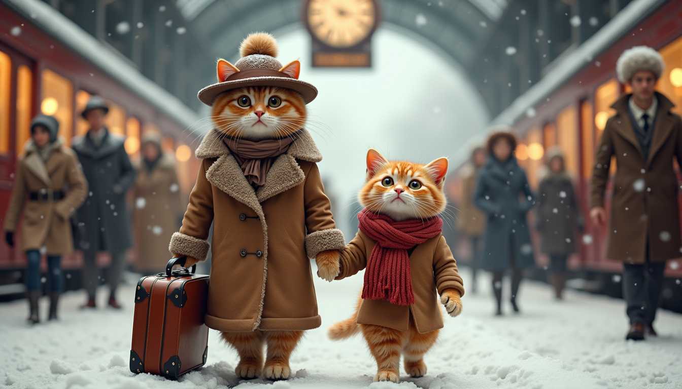 CNSTLL, Two anthropomorphic cats, one adult and one child, dressed in vintage travel attire, walking hand in hand through a snowy train station. The adult cat is wearing a brown fur-lined coat, a brown hat with a pompom, a brown scarf, and is carrying a brown leather suitcase. The child cat is similarly dressed in a smaller version of the adult's coat and hat, with a vibrant red scarf. Both cats have humanlike eyes and expressions, conveying warmth and a sense of adventure. The busy train station is a scene of bustling activity, with people in various vintage outfits moving through the snow-dusted platforms. Overhead, an old-fashioned clock is visible, adding to the historic ambiance. Snowflakes are gently falling from the sky, creating a serene and picturesque setting. The scene is bathed in the soft, diffused light of a cloudy winter day, adding a touch of coziness to the atmosphere. The perspective is slightly elevated, capturing the charming and heartwarming interaction between the two cats in the midst of a lively, yet nostalgic, winter travel scene. -art style: detailed and realistic -lighting: soft, diffused winter daylight -textures: rich fabrics, detailed fur and snow -camera angle: slightly elevated and wide-framed, capturing the entire scene
