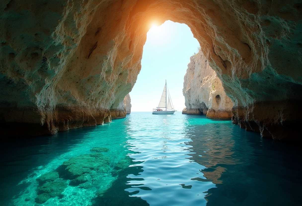 A serene ocean scene viewed from inside a natural rock cave with an arched opening. Sunlight streams through the cave entrance, reflecting on the crystal-clear turquoise waters. A white sailboat glides peacefully in the distance, its sails catching the warm afternoon breeze. The rocky walls of the cave are bathed in soft, golden light, creating a beautiful contrast with the deep blue sea. The tranquil waters shimmer under the sun, revealing hints of the underwater rocks and sea life below the surface. The overall atmosphere is calm, inviting, and filled with natural beauty.