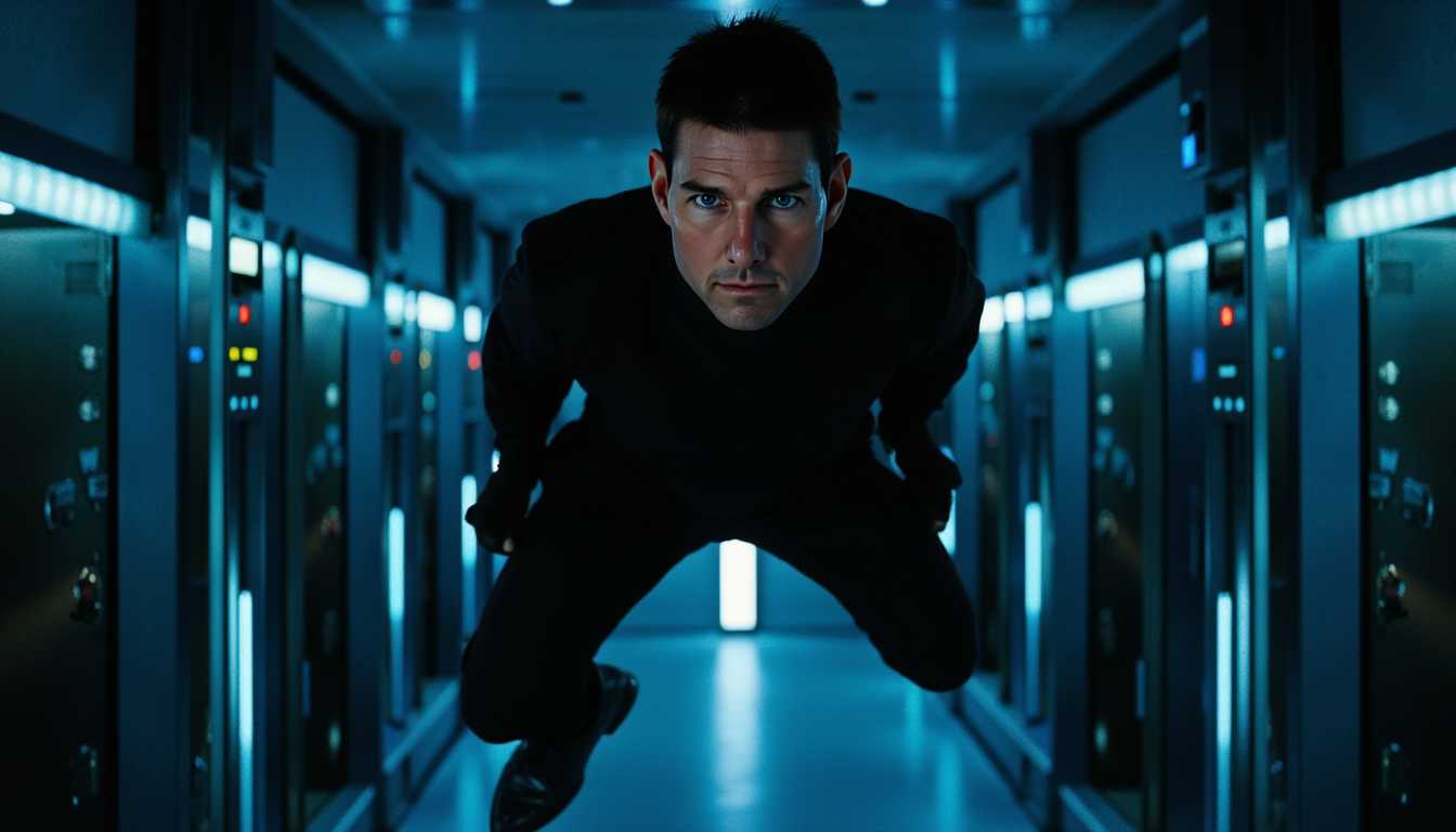 A high-definition photograph featuring ETHN man from Mission Impossible, captured in the midst of a daring heist. Ethan, dressed in his sleek, iconic black tactical suit, is seen suspended mid-air by a thin, nearly invisible wire. The scene is set in a high-security vault illuminated by cool, blue-toned lights, creating a tense and suspenseful atmosphere. The camera angle is at a dramatic tilted low angle, emphasizing Ethan's focused expression and the intricacy of his maneuver. The background shows an array of sophisticated security systems, lasers, and safe deposit boxes.

The lighting is sharp but slightly diffused, highlighting Ethan's face and the textures of his suit with a cinematic glow. Shadows are strategically cast to enhance the depth and realism of the scene. The overall mood is intense, reflecting the high stakes of the heist, with a slight bluish tint contributing to the cold, clinical feel of the vault. The photograph's composition directs viewer attention squarely on Ethan, capturing the critical moment of split-second precision. 

Inspiration is drawn from the modern action-adventure photography style, heavily edited for contrast and clarity, evoking a sense of urgency and danger.