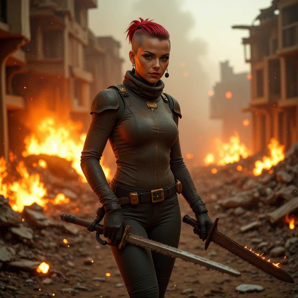 A highly detailed, cinematic photograph of an RXN woman, a fierce female warrior wielding a chainsaw blade weapon. The scene is set in a post-apocalyptic battlefield, with remnants of demolished buildings and fiery explosions in the background. The RXN woman stands confidently in the foreground, her stance wide and ready for combat. She is dressed in intricately designed, futuristic armor adorned with scratches and battle marks, highlighted with sharp metallic textures. Over her armor, she wears a flak jacket bulletproof vest, adding an extra layer of protection and adding to her battle-hardened appearance. Her piercing eyes and determined expression convey strength and resilience.

She sports a vibrant red mohawk, standing out sharply against the gritty backdrop, emphasizing her rebellious and fierce nature. The chainsaw blade, a gruesome yet finely crafted weapon, is now longer and more sword-like while still maintaining its menacing chainsaw characteristics. Positioned at her side, it glints menacingly under the harsh lighting. Sparks fly from its jagged edges as it revs, creating an aura of danger. The lighting is dramatic, casting deep shadows and emphasizing the contours of her figure, while the flames and smoke in the background add to the chaotic atmosphere. The color palette is dominated by dark, gritty tones
