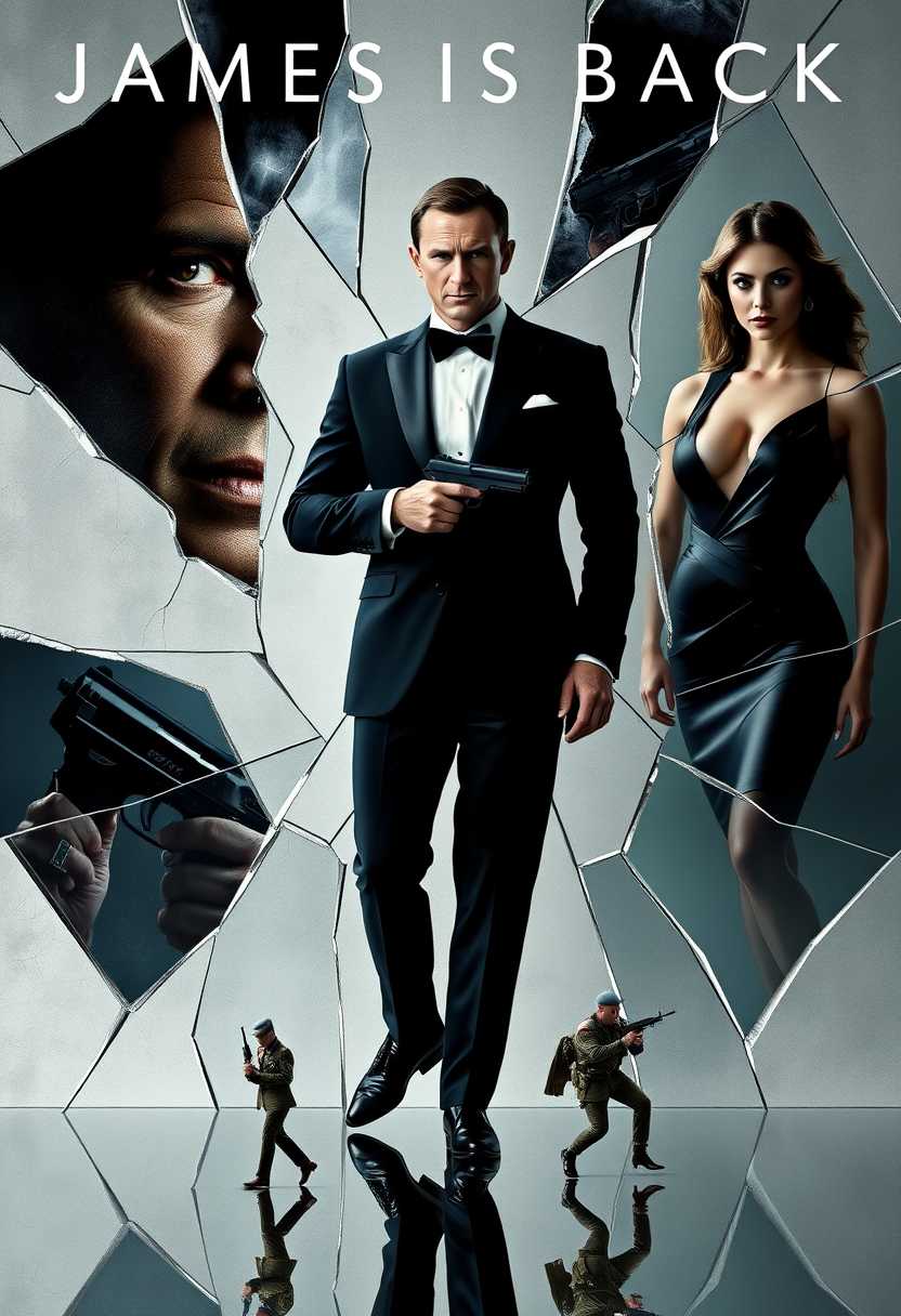 Title: **Cover Art for James Bond Novel - "Bond is Back"**

Visual Details: The central image is dominated by James Bond in a sleek, tailored tuxedo, holding a silenced Walther PPK. The background features a shattered, cracked surface as if the cover itself has been broken, with multiple shards reflecting different scenes. Each shard holds significant detail.

Style: The style is cinematic, hyper-realistic with an air of classic espionage thrillers, capturing a blend of noir and modern action cinematography.

Composition: Bond stands in the center, in a dynamic, action-ready pose. To the left, a close-up of a man’s face visibly cracking as part of the background design, emphasizing the "break" theme. To the right, two striking women, elegantly poised but subtly divided by the breaking surface, their attire hinted as fashionable yet sensual. Below Bond’s figure, in a mirrored shard, two small figures in detailed army uniforms are seen marching, symbolizing a subplot or impending military operation.

Lighting and Colors: The lighting is high contrast, with dramatic shadows to accentuate the tension and mystery. Colors are rich but muted, featuring a palette dominated by deep blues, silvers, and steely grays, punctuated by sharp, contrasting reds and golds.