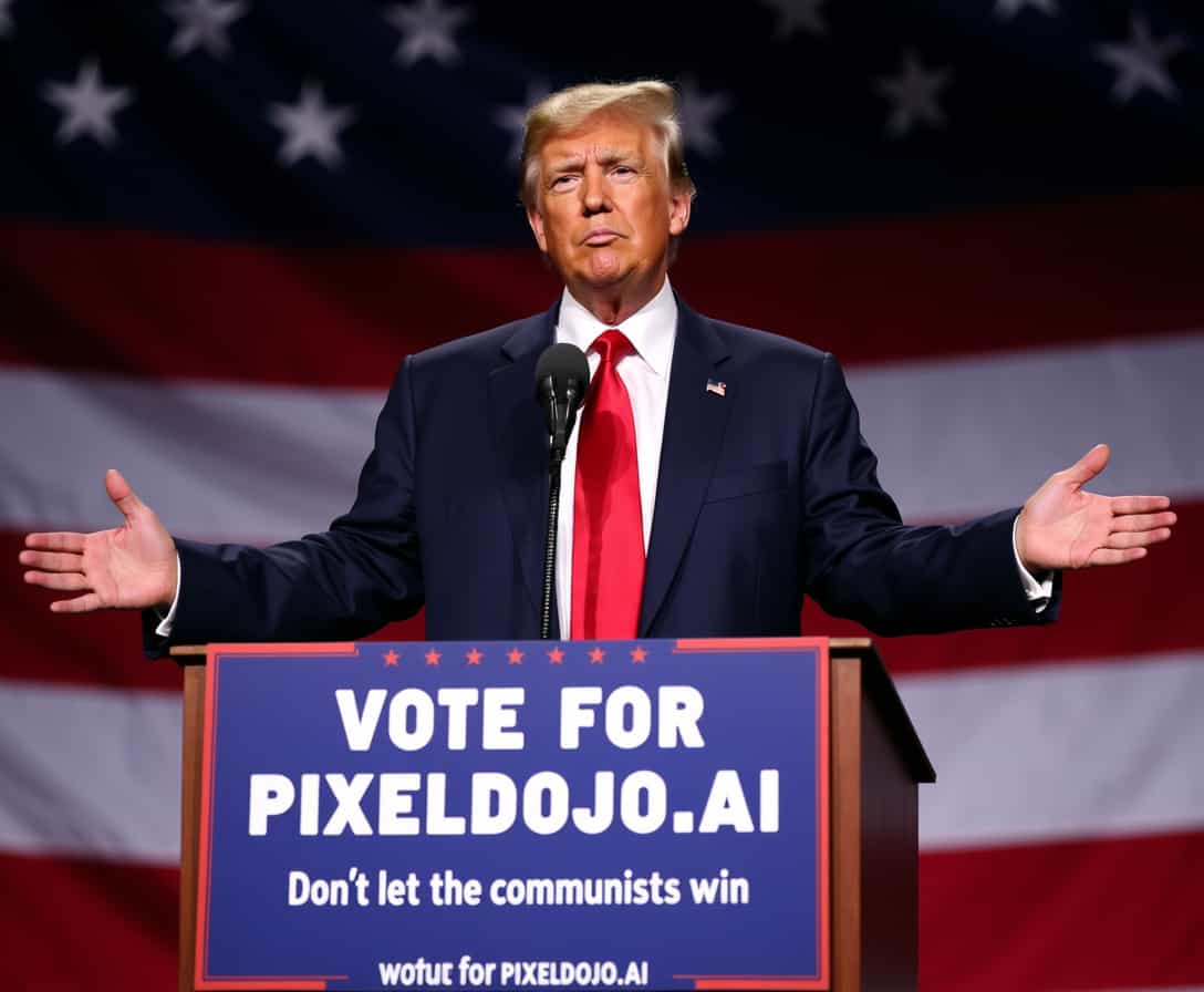 a photo of MAGA,  the podium banner reads "VOTE FOR PIXELDOJO.AI" with subtext that says AMERICA NEEDS AI Don't let the communists win