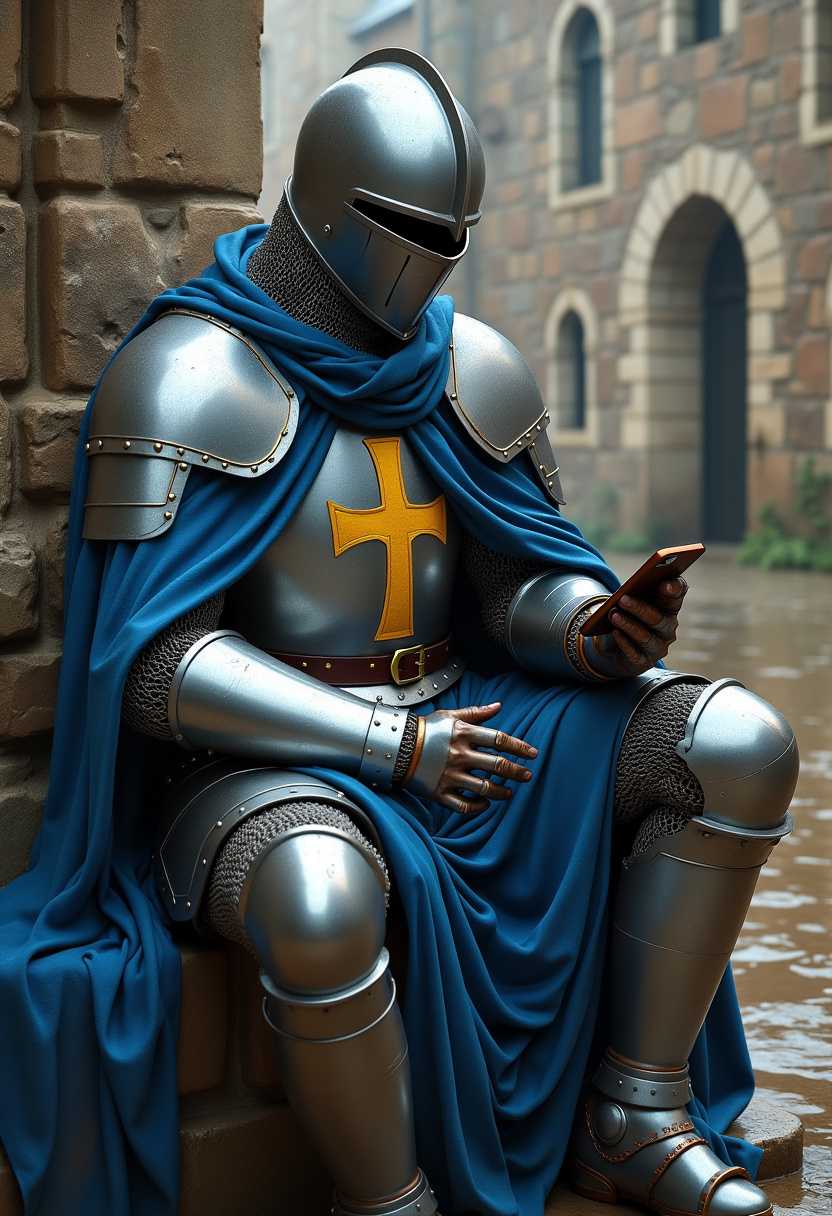 This image is a digitally created artwork that depicts a figure dressed in full armor, reminiscent of a knight from the medieval period. The armor is primarily metallic in color, with shades of silver and gray, and is detailed with rivets and patterns that suggest a high level of craftsmanship. The knight is wearing a chainmail coif that covers the head and neck, and the visor of the helmet is closed, obscuring the face.The knight is seated, and the posture is relaxed, with one arm resting on the knee and the other holding a modern smartphone. The juxtaposition of the medieval armor with the contemporary object creates a striking contrast, blending historical and modern elements in an unexpected way.The figure is draped in a flowing blue cloak with a golden cross emblem on the chest, which could indicate affiliation with a particular order or group. The cloak is detailed with folds and creases that give it a realistic texture and volume.The background of the image is a stone building with arched doorways and windows, suggesting a medieval or gothic architectural style. The building is wet, as if it has been raining, and the water droplets on the surface reflect the light, adding to the atmospheric quality of the scene.The art style of the image is realistic with a touch of fantasy, utilizing highresolution textures and lighting to create a lifelike representation. The medium appears to be digital painting, given the smooth blending of colors and the lack of brush strokes.The colors in the image are muted, with the blue of the cloak and the gray of the armor standing out against the earthy tones of the stone building. The golden cross adds a pop of color to the otherwise subdued palette.Overall, the image is a thoughtprovoking blend of past and present, tradition and technology, that invites viewers to ponder the evolution of society and the unexpected intersections of different historical periods.