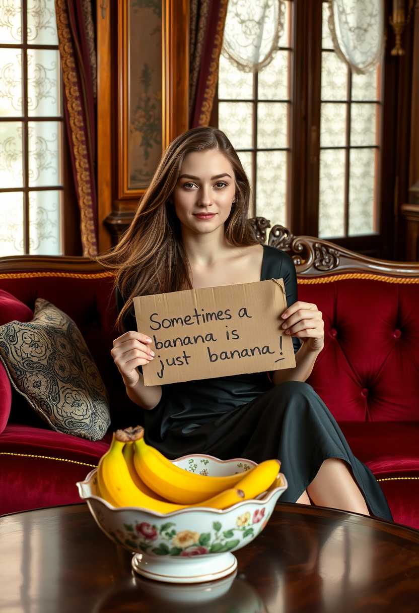 A lovely 20-year-old woman with flowing brown hair and a soft, serene expression sits gracefully on an ornate Victorian couch. The couch is upholstered in rich, deep burgundy velvet, accentuated with gold trim. She is positioned in an elegant, mid-century Victorian office, filled with intricate woodwork, tapestry, and mahogany panels. Ambient sunlight filters in through tall, lace-curtained windows, casting a warm, soft glow across the room, adding to the ambiance of sophistication and timeless elegance.

On a vintage mahogany table beside her is a pristine porcelain bowl intricately painted with floral designs, filled with a variety of fresh fruit, prominently featuring a bunch of ripe bananas that stand out with their vibrant, inviting yellow color. The young woman holds a slightly worn cardboard sign, a hint of humor in her eyes, that reads in bold, handwritten letters, "Sometimes a banana is just a banana!"

The composition places her centrally on the couch, with a slight three-quarter angle to capture the inviting atmosphere of the room, detailed textures of her attire, and the sign she holds. The camera angle is set at eye level to embrace a balanced view of both the subject and the intricately styled surroundings. The overall mood is lighthearted yet cultured, evoking a sense of