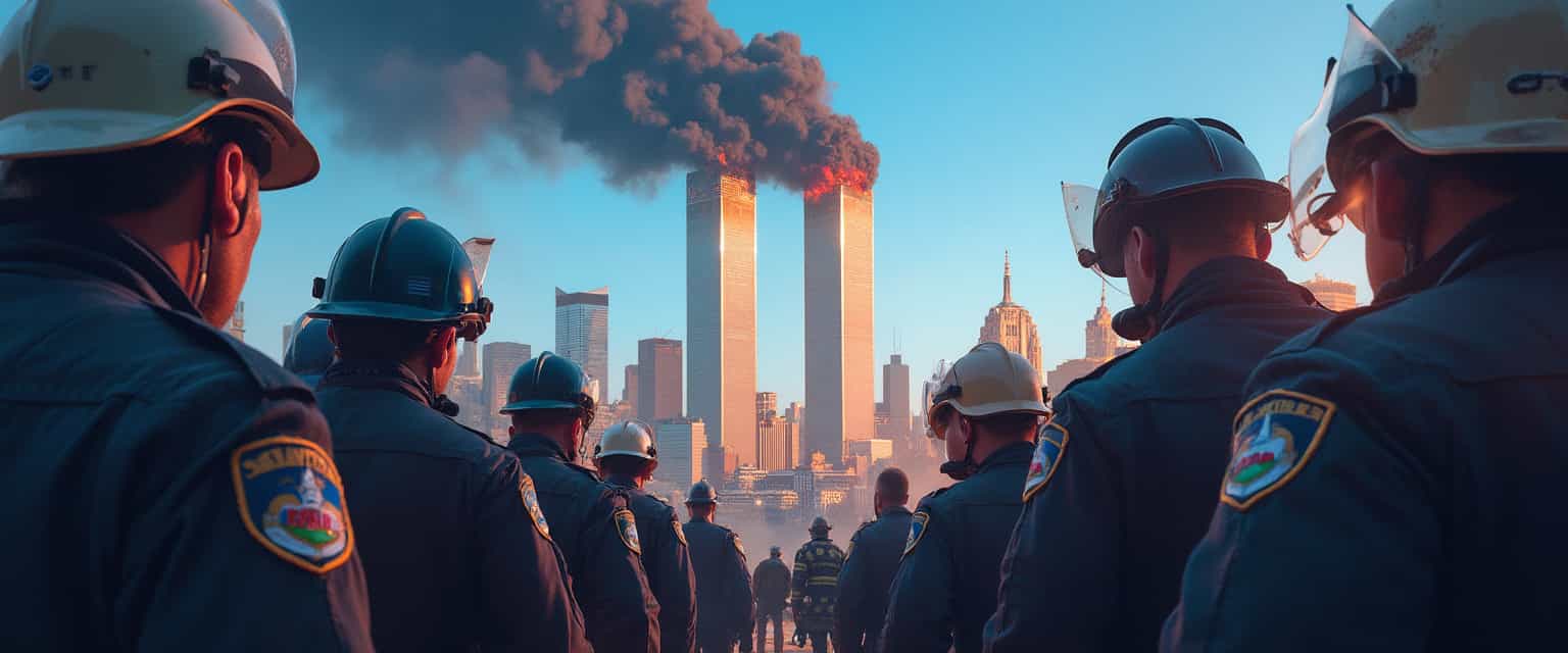 Uniformed personnel stand in solemn observation of the Twin Towers engulfed in flames