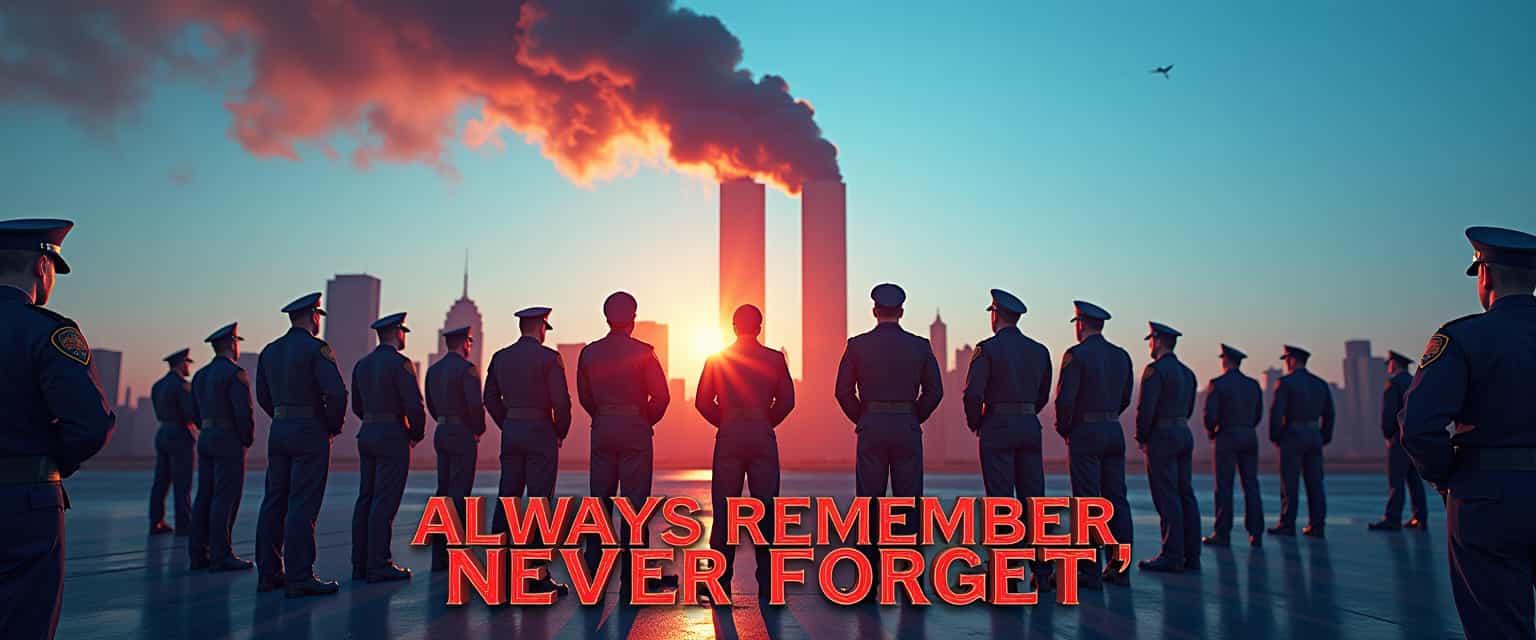 A vivid, high-resolution photograph capturing a solemn and tribute-filled scene. The background prominently features the New York Twin Towers, on fire, smoke standing tall against a clear blue sky. In the foreground, police officers and firefighters are seen in respectful, vigilant poses, their uniforms detailed with precise textures and colors. 

The entire scene is bathed in a rich, patriotic airbrushed gradient of blue, white, and red, seamlessly blending into the background sky and reflecting off the buildings and figures. The mood is poignant and reflective, reminiscent of a late afternoon with a soft, warm light casting long shadows.

At the bottom of the image, the words “Always Remember, Never Forget” are spelled out in a raised 3D effect, with a glossy finish that catches the light, making them stand out prominently. The font is bold yet reverent, ensuring the text’s message commands attention without overshadowing the image's reverence.

This composition evokes a powerful sense of unity and memorial, with meticulous attention to the emotional gravity and visual harmony of the scene.