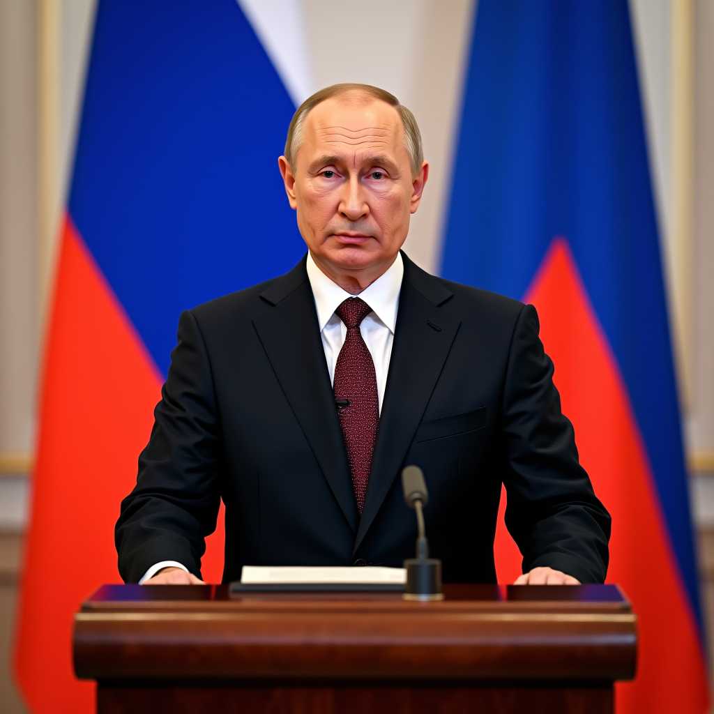 A high-resolution, professional photograph of Vladimir Putin, wearing a tailored suit and tie, standing confidently at a polished wooden pedestal. The background prominently features the vibrant colors of the Russian flag, with its bold stripes of white, blue, and red. The scene is well-lit, with soft, diffused lighting that emphasizes Putin's facial features and the details of his suit, while creating a dignified and authoritative atmosphere. The camera angle is eye-level, capturing Putin from the waist up, and is framed to include the entirety of the flag in the background. The composition is balanced, with Putin positioned centrally, projecting a sense of leadership and formality. The overall mood is formal and respectful, reflecting the solemnity and importance of the moment. Key technical aspects include sharp focus, depth of field that gently blurs the background to keep the attention on Putin, and a neutral color palette that complements the scene.