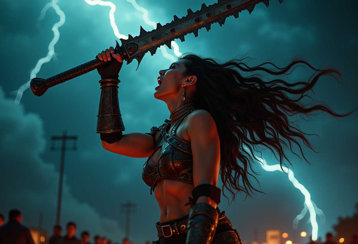 in the HVY style,, A warrior woman in the HVY style, standing powerfully with a fearsome expression. She holds a massive chainsaw sword above her head, its serrated blade gleaming menacingly. Her muscular frame is clad in rugged, battle-worn armor, detailed with intricate engravings and signs of fierce combat. The armor's metallic texture glistens under the intense, dramatic lighting. Her long hair is wild and untamed, flowing in the wind as she lets out a furious scream into the dark abyss in front of her. The scene is set against a stormy, night sky with flashes of lightning illuminating the chaotic background, casting eerie shadows. The camera angle is low, emphasizing her dominance and the sheer power of her stance. The atmosphere is tense and electrifying, capturing the raw, unrestrained fury of the moment.
