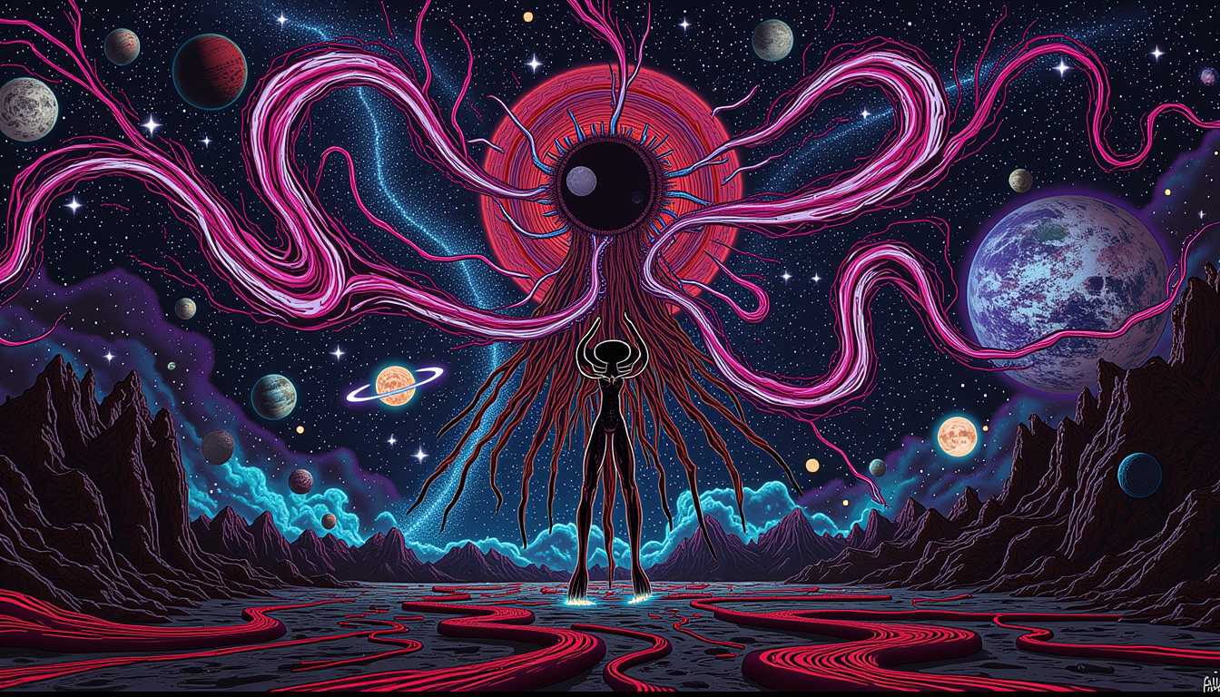 art of LEE, style of ULT, Ultra High Detailed 64-bit pixel graphics illustrations, Beneath the veil of distant stars, Nyarlathotep takes form, tendrils of molten energy spiraling outward like serpentine limbs from his core. His ever-shifting visage flickers between terrifying beauty and cosmic horror, pulling planets and moons into his chaotic grasp. He whispers forgotten truths and impossible knowledge, bending the fabric of reality itself as the surrounding galaxies tremble. In the shadow of his form, the skeletal remains of civilizations crumble, their minds lost to the madness he spreads like a plague