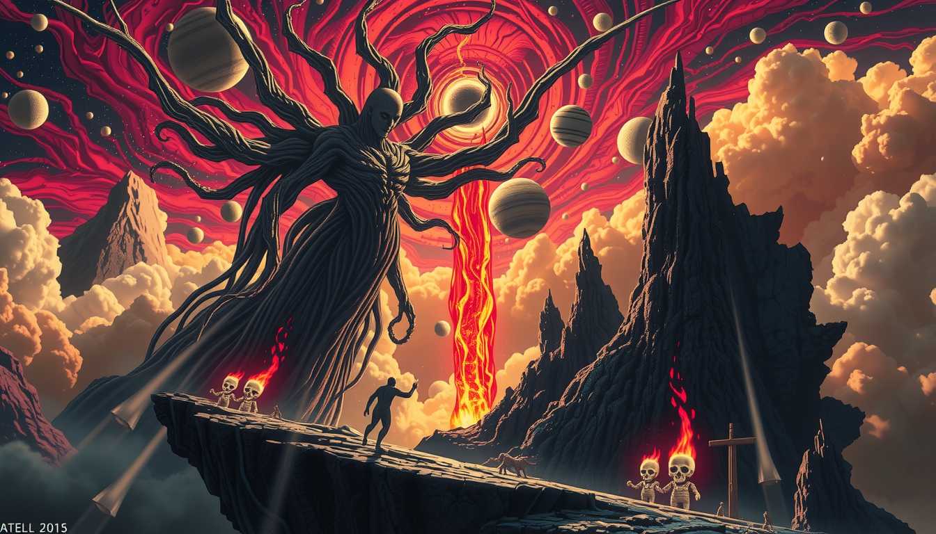 art of LEE, style of ULT, Ultra High Detailed 64-bit pixel graphics illustrations, On the jagged cliffs of a crumbling moon, Nyarlathotep manifests as a towering, tendril-covered deity, his form shifting between a humanoid silhouette and the chaotic spiral of a collapsing sun. Stars burn out in his wake, while planets fracture as his many arms reach toward a glowing, red-black rift in space. The skies above twist and pulse with unnatural patterns, the very essence of reality warping under his gaze. Skulls and forgotten idols dot the landscape, worshippers frozen in ecstasy and terror as their minds unravel before his dark, cosmic whisper.