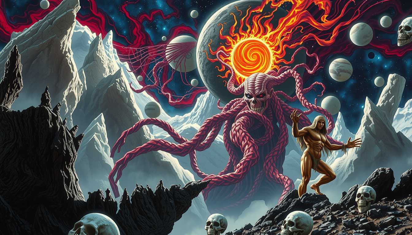 art of LEE, style of ULT, Ultra High Detailed 64-bit pixel graphics illustrations, On the jagged cliffs of a crumbling moon, Nyarlathotep manifests as a towering, tendril-covered deity, his form shifting between a humanoid silhouette and the chaotic spiral of a collapsing sun. Stars burn out in his wake, while planets fracture as his many arms reach toward a glowing, red-black rift in space. The skies above twist and pulse with unnatural patterns, the very essence of reality warping under his gaze. Skulls and forgotten idols dot the landscape, worshippers frozen in ecstasy and terror as their minds unravel before his dark, cosmic whisper.
