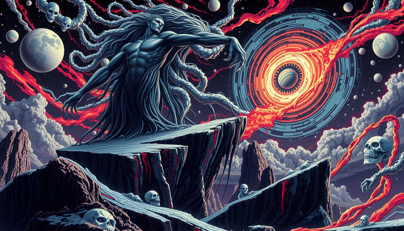 art of LEE, style of ULT, Ultra High Detailed 64-bit pixel graphics illustrations, On the jagged cliffs of a crumbling moon, Nyarlathotep manifests as a towering, tendril-covered deity, his form shifting between a humanoid silhouette and the chaotic spiral of a collapsing sun. Stars burn out in his wake, while planets fracture as his many arms reach toward a glowing, red-black rift in space. The skies above twist and pulse with unnatural patterns, the very essence of reality warping under his gaze. Skulls and forgotten idols dot the landscape, worshippers frozen in ecstasy and terror as their minds unravel before his dark, cosmic whisper.