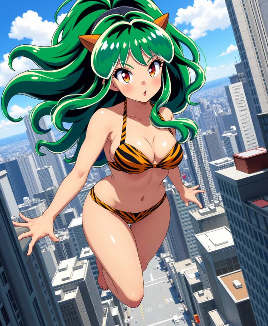 Vibrant Greenhaired Anime Girl in Tiger Print Bikini Soars Over a Skyscraper Cityscape