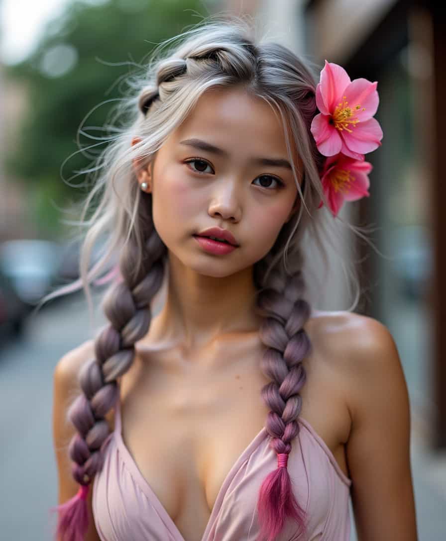 Full body fashion photograph captured from waist level with the subject facing the camera, fashion pose, three quarter view, The young model has skinny figure and ((flat chest)), and is wearing a trendy slip dress, her long silver hair with pink balayage highlights is styled in a side swept thick voluminous intricate braid_mermaid. The braid_mermaid features strategically placed tropical flower embellishments. Her makeup is neutral and the lighting is natural. She poses outdoors in an urban setting