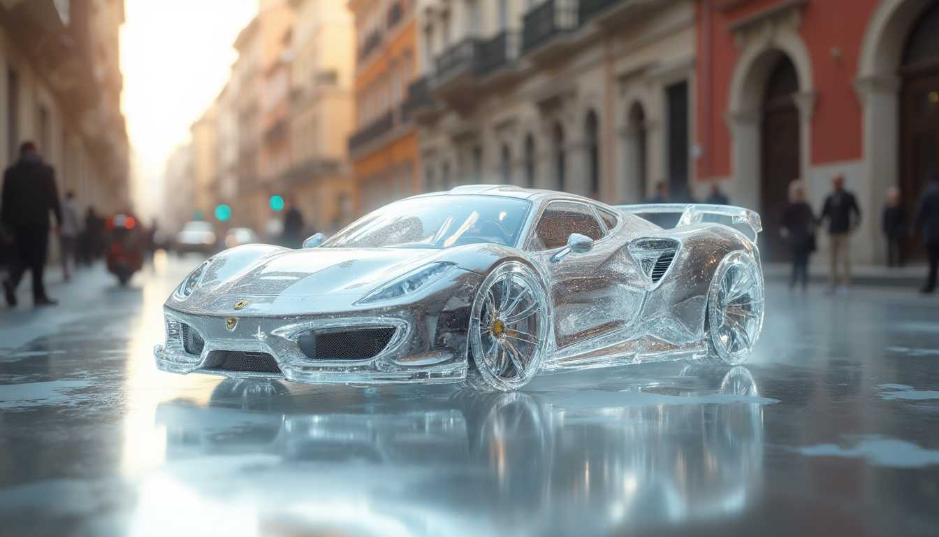 ((photorealistic)), ((cinematic)) shot of a white, transparent Ferrari ((made out of glass)), winter landscape background, mountains, snow, bokeh, sunny day