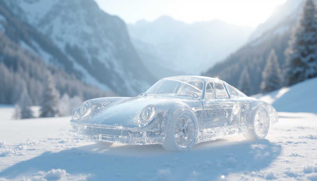 ((photorealistic)), ((cinematic)) shot of a white, transparent Ferrari ((made out of glass)), winter landscape background, mountains, snow, bokeh, sunny day