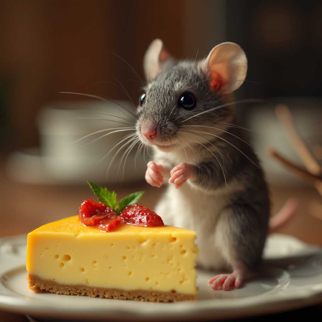 Adorable Mouse with Cheesecake A Whisker Away from Deliciousness
