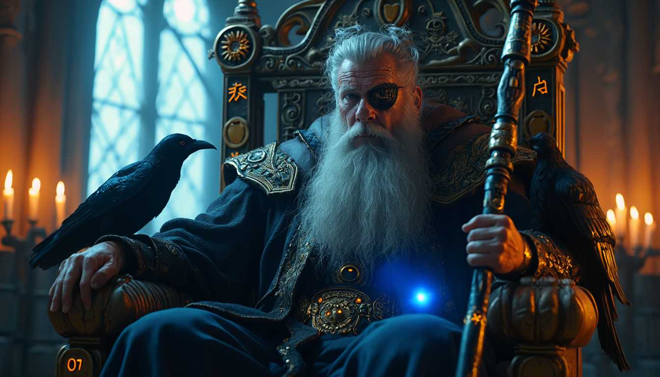 "Wide Shot (WS)". Odin. ODIN HAS A STAFF IN HES RIGHT HAND, ITS GLOWING BLUE, ITS ONAMENTED WITH NORSE ORANGE GLOWING RUNES,
 on throne, 2 ravens, Odin sits on a viking throne, hugin and muning on each side of the throne, places above him on the rear of the trone. *on the THRONE behind HES FIGURE, on the right side over the raven it reads "Thought". on the wall behind him on the left side over the raven it reads "Memory".*
Odin, the chief of the Aesir gods in Norse mythology, an elderly, wise figure with a commanding presence."odin is blind on one eye" he has an eye patch over hes right eye decorated with norse rune symbols. He has a long elegant flowing grey white beard, grey white long hair,
 He wears a wide, dark cloak or robe, adorned with norse runes, stitches,  he has norse viking tatoos ud hes neck and face, and hes hands are tatood with runes,
He carries a long, ornate blue glowing staff,  staff known as Gungnir, lanterns, torches on wall, candle lights, window with full moon, 
 he has amulets, talismans, elexirs, jewels, viking tatoos, norse look, viking assessories, veils, glowing staff,  one glowing eye,  "HE IS "NOT " BALD!!!"

