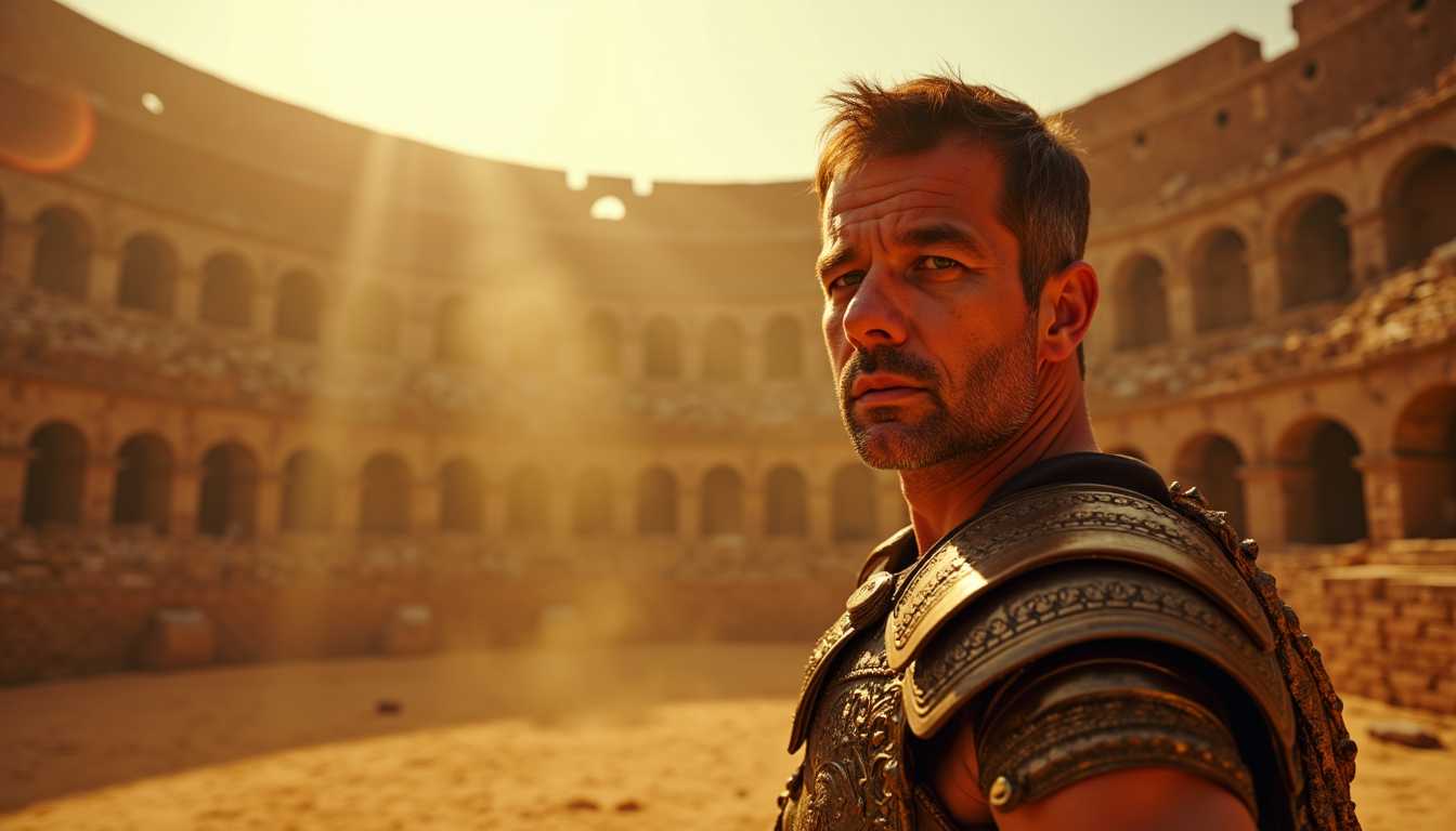 Portrait of Sébastien Loeb as a gladiator inside a vast ancient arena, bathed in golden sunlight. The scene captures intricate details of Loeb's expression, highlighting his determined gaze and the sweat glistening on his brow. His gladiator armor is richly detailed, with intricate engravings and a polished metallic sheen that reflects the sunlight. The arena, a grand coliseum-like structure, looms majestically in the background, with towering stone walls and rows of ancient seating. Dust particles shimmer in the sunbeams that cascade through the open top, creating an ethereal atmosphere. The color palette is warm, filled with rich golds and rusted browns, enhancing the historical and heroic ambiance. Shot with a shallow depth of field, Loeb stands sharply in focus, framed off-center to the left, with the blurred arena conveying a sense of depth and scale, in a style reminiscent of epic historical paintings.
