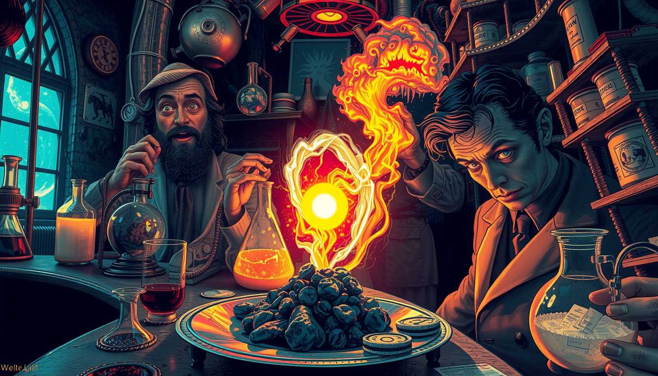 an art of LEE, style of ULT, Ultra High Detailed 1980s lovecraft's The Color out of Space comics horror Epic scene, art present trippy, psychedelic scene: Inside an old, dimly lit laboratory, a strange, glowing meteorite fragment is being tested. The laboratory is cluttered with beakers, flasks, and scientific equipment. The meteorite sits on a metal plate, glowing with an unearthly, faint luminescence. 19th century Scientists observe it with wide eyes, their faces illuminated by the soft, eerie glow. The air is thick with mystery as they attempt to apply acids and other substances, which seem ineffective against the alien material, The vibrant colors, distorted reality, and mind - bending visuals are characteristic of this style, by Alex Grey and Keiichi Tanaami, movie poster, extremely detailed, hyper resolution, cinematic lighting