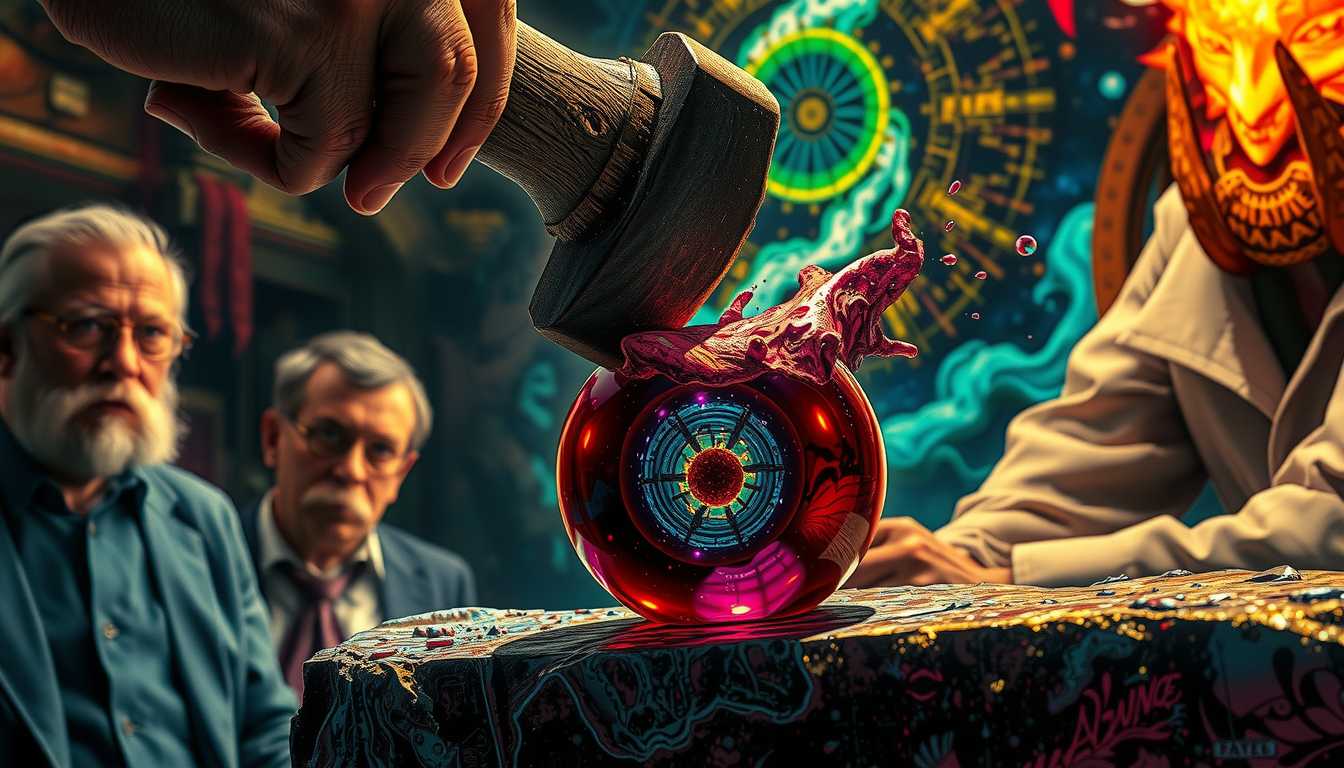 an art of LEE, style of ULT, Ultra High Detailed 1980s Lovecraft's The Color out of Space comics horror Epic scene, art present a psychedelic scene: 19th-century, Close-up of a professor's hand holding a hammer above a strange, glossy colored globule embedded in a meteorite fragment. The hammer comes down, shattering the globule with a faint 'pop,' and instantly, the globule disappears. The scene is frozen at the moment of impact, with small particles of light dissipating into the air, leaving behind an empty, hollow space. The other professors watch in astonishment. The vibrant colors, distorted reality, and mind-bending visuals are characteristic of this style, by Alex Grey and Keiichi Tanaami, movie poster, extremely detailed, hyper resolution, cinematic lighting