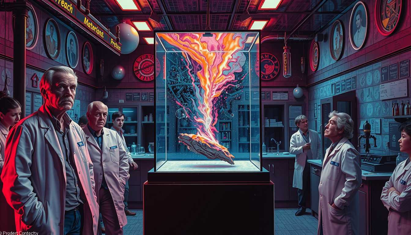 an art of LEE, style of ULT, Ultra High Detailed 1980s Lovecraft's The Color out of Space comics horror Epic scene, art present a psychedelic scene: Inside a 19th-century, sterile, laboratory, a small fragment of the meteorite rests under a glass case. Scientists in lab coats stand around, their expressions a mixture of curiosity and frustration. The fragment is slowly fading away, disintegrating into thin air, with no residue left behind. Bright laboratory lights reflect off the sterile glass and metal surfaces, heightening the surreal and mysterious disappearance. The vibrant colors, distorted reality, and mind-bending visuals are characteristic of this style, by Alex Grey and Keiichi Tanaami, movie poster, extremely detailed, hyper resolution, cinematic lighting