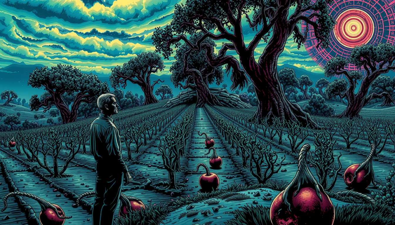 an art of LEE, style of ULT, Ultra High Detailed 1980s Lovecraft's The Color out of Space comics horror Epic scene, art present a psychedelic scene: A grim, overcast day on Nahum's farm. In the foreground, Nahum stands at the edge of his ruined orchard, staring out at rows of withered crops. His expression is somber, as he contemplates the connection between the meteorite and the poisoned soil. The once vibrant trees now stand twisted and dead, with rotten fruit scattered on the ground. The landscape feels lifeless, with a creeping sense of dread hanging over the scene. The vibrant colors, distorted reality, and mind-bending visuals are characteristic of this style, by Alex Grey and Keiichi Tanaami, movie poster, extremely detailed, hyper resolution, cinematic lighting