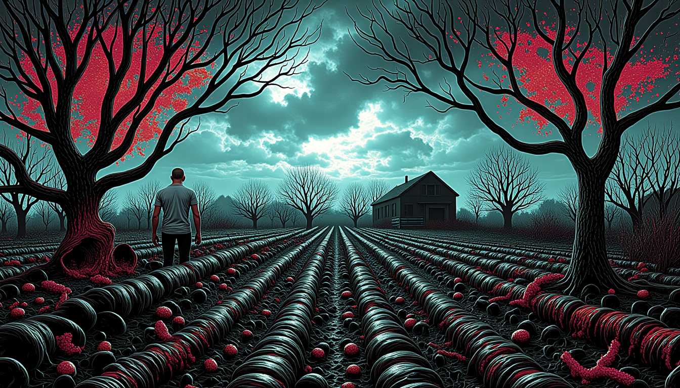 In Style of COS, an art of LEE, style of ULT, Ultra High Detailed 1980s Lovecraft's The Color out of Space comics horror Epic scene, art present a psychedelic scene: A grim, overcast day on Nahum's farm. In the foreground, Nahum stands at the edge of his ruined orchard, staring out at rows of withered crops. His expression is somber, as he contemplates the connection between the meteorite and the poisoned soil. The once vibrant trees now stand twisted and dead, with rotten fruit scattered on the ground. The landscape feels lifeless, with a creeping sense of dread hanging over the scene. The vibrant colors, distorted reality, and mind-bending visuals are characteristic of this style, by Alex Grey and Keiichi Tanaami, movie poster, extremely detailed, hyper resolution, cinematic lighting