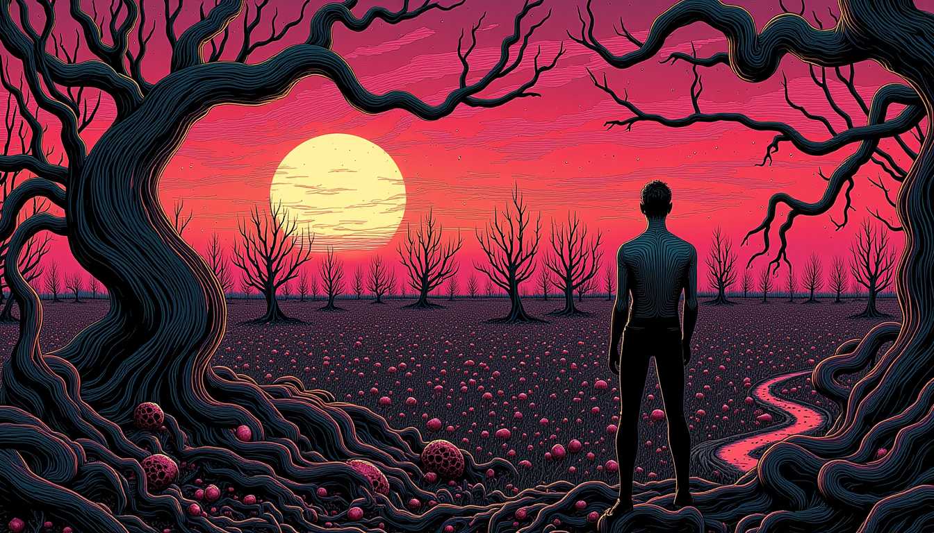 In Style of COS, an art of LEE, style of ULT, Ultra High Detailed 1980s Lovecraft's The Color out of Space comics horror Epic scene, art present a psychedelic scene: A grim, overcast day on Nahum's 19th century farm. In the foreground, Nahum stands at the edge of his ruined orchard, staring out at rows of withered crops. His expression is somber, as he contemplates the connection between the meteorite and the poisoned soil. The once vibrant trees now stand twisted and dead, with rotten fruit scattered on the ground. The landscape feels lifeless, with a creeping sense of dread hanging over the scene. The vibrant colors, distorted reality, and mind-bending visuals are characteristic of this style, by Alex Grey and Keiichi Tanaami, movie poster, extremely detailed, hyper resolution, cinematic lighting