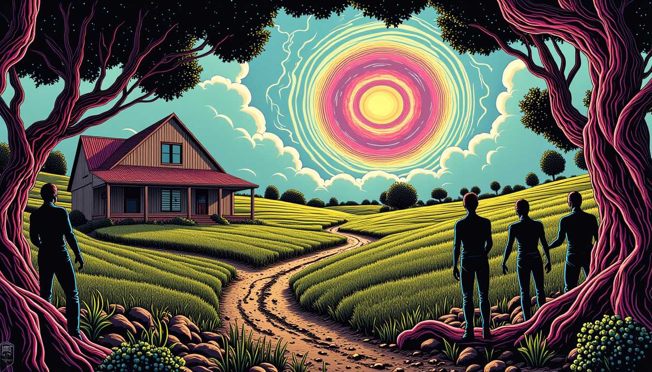In Style of COS, an art of LEE, style of ULT, Ultra High Detailed 1980s Lovecraft's The Color out of Space comics horror Epic scene, art present a psychedelic scene: A busy 19th-century farmyard with reporters gathered around a middle-aged farmer, Nahum, who stands proudly near his weathered farmhouse. The reporters, equipped with notepads and 19th century cameras, ask questions as Nahum speaks, gesturing toward his property. Behind them, rolling green fields stretch out under the bright summer sky, and the orchard is visible in the distance, ripe with abnormally large fruit. The atmosphere is one of rural simplicity mixed with local excitement. The vibrant colors, distorted reality, and mind-bending visuals are characteristic of this style, by Alex Grey and Keiichi Tanaami, movie poster, extremely detailed, hyper resolution, cinematic lighting