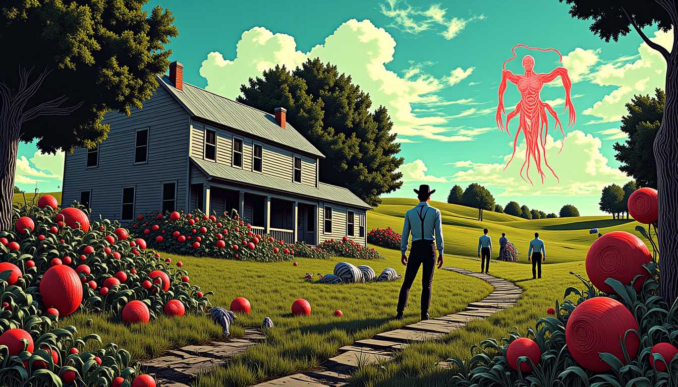 In Style of COS, an art of LEE, style of ULT, Ultra High Detailed 1980s Lovecraft's The Color out of Space comics horror Epic scene, art present a psychedelic scene: A busy 19th-century farmyard with reporters gathered around a middle-aged farmer, Nahum, who stands proudly near his weathered farmhouse.  Behind them, rolling green fields stretch out under the bright summer sky, and the FRUITING orchard is visible in the distance, ripe with abnormally large fruit. The atmosphere is one of rural simplicity mixed with local excitement. The vibrant colors, distorted reality, and mind-bending visuals are characteristic of this style, by Alex Grey and Keiichi Tanaami, movie poster, extremely detailed, hyper resolution, cinematic lighting