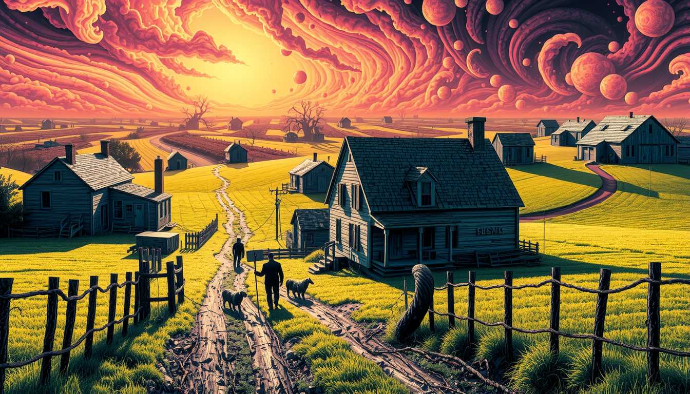 In Style of COS, Ultra High Detailed 1980s Lovecraft's The Color out of Space comics horror Epic scene, art present a psychedelic scene: A busy 19th-century farmyard a middle-aged farmer, Nahum, who stands proudly near his weathered farmhouse.  Behind them, rolling green fields stretch out under the bright summer sky, and the FRUITING orchard is visible in the distance, ripe with abnormally large fruit. The atmosphere is one of rural simplicity mixed with local excitement. The vibrant colors, distorted reality, and mind-bending visuals are characteristic of this style, by Alex Grey and Keiichi Tanaami, movie poster, extremely detailed, hyper resolution, cinematic lighting