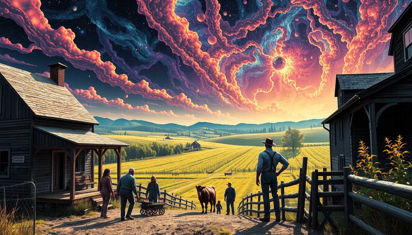 In Style of COS, Ultra High Detailed 1980s Lovecraft's The Color out of Space comics horror Epic scene, art present a psychedelic scene: A busy 19th-century farmyard a middle-aged farmer, Nahum, who stands proudly near his weathered farmhouse.  Behind them, rolling green fields stretch out under the bright summer sky, and the FRUITING orchard is visible in the distance, ripe with abnormally large fruit. The atmosphere is one of rural simplicity mixed with local excitement. The vibrant colors, distorted reality, and mind-bending visuals are characteristic of this style, by Alex Grey and Keiichi Tanaami, movie poster, extremely detailed, hyper resolution, cinematic lighting
