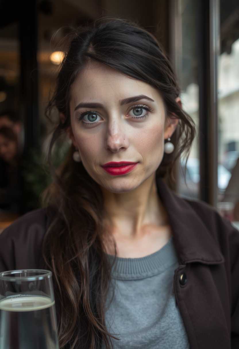 cloeup face portrait, strange woman in a parisian cafe