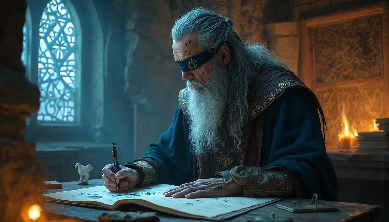Odin’s transformation and the acquisition of knowledge.
Scene 5: The Wisdom

Location: A vast library or archive of runes and symbols.

Visuals: The scene showcases ancient runes and mystical symbols etched into glowing tablets or scrolls.

Action:

    Odin is depicted studying and interpreting the runes. He writes and paints symbols, showing his mastery over the runes.
    A montage of different beings (gods, elves, dwarfs, and giants) is shown, each associated with different runes.
Odin, the chief of the Aesir gods in Norse mythology, an elderly, wise figure with a commanding presence."odin is blind on one eye" he has an eye patch over hes right eye decorated with norse rune symbols. He has a long elegant flowing grey white beard, grey white long hair,
 He wears a wide, dark cloak or robe, adorned with norse runes, stitches,  he has norse viking tatoos on hes neck and face, and hes hands are tatood with runes,
He carries a long, ornate blue glowing staff,  staff known as Gungnir, he has amulets, talismans, elexirs, jewels, viking tatoos, norse look, viking assessories, veils, glowing staff, 
