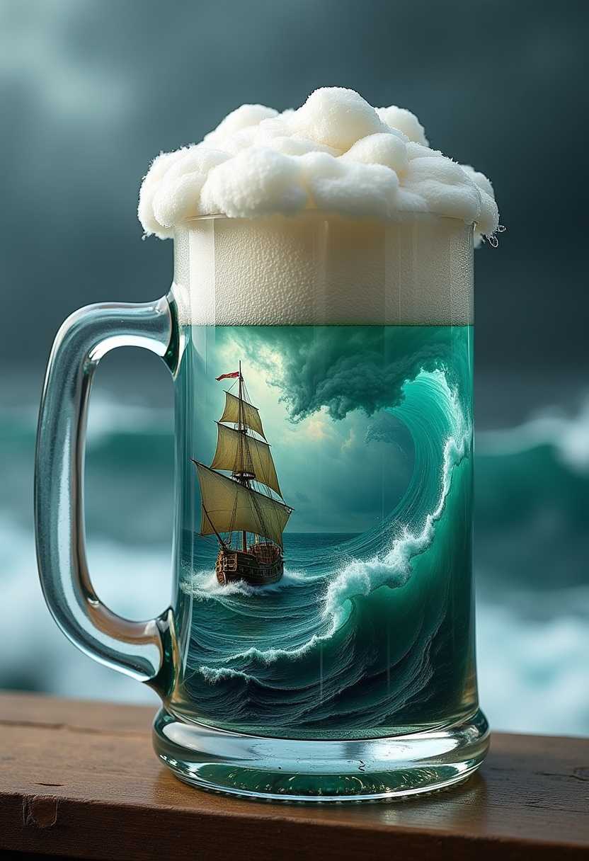 a huge clear glass beer stein with lots of foam overflowing the top, inside the stein is a stormy sea with a sailing ship rocking & rolling with the turquoise waves, the top of the mug has beer in it, background is the stormy sea