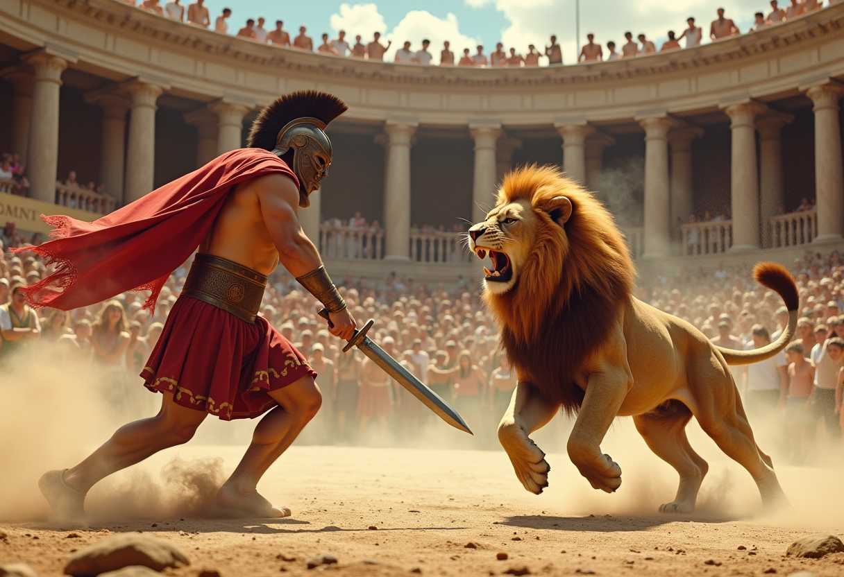 in an arena in ancient Rome. A gladiator fights a lion. the Gladiator holds a sword and a net. the lion roars angrily. Dust swirls. The spectators in the stands cheer. paiting, highly detailed