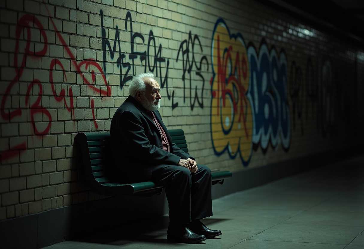 An elderly man is sitting alone on a bench in a subway station, with a brick wall in the background covered in multiple graffiti. The whole scene is dim and dull, and the faint light illuminates the old man's face, outlining an atmosphere of solitude and contemplation, making the old man stand out particularly only in the dark, textured environment.