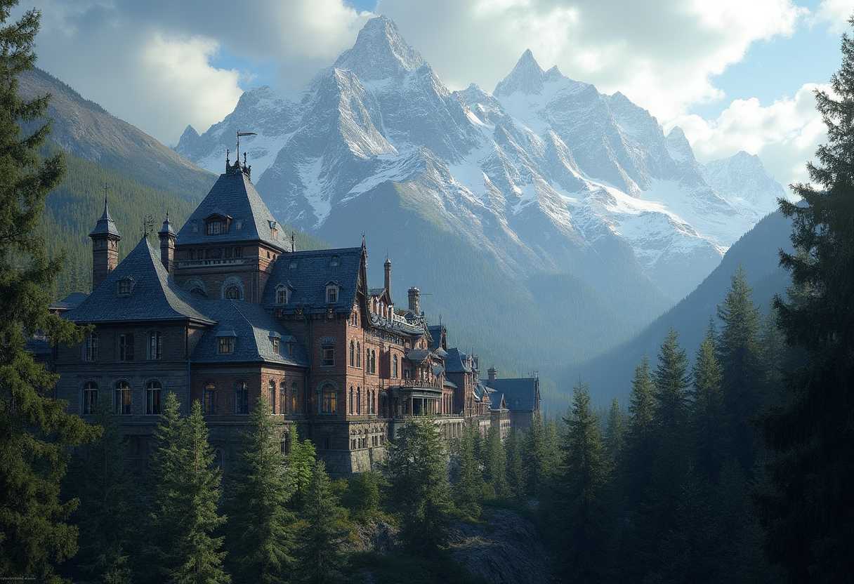 Create a realistic image of a large, historic overlook hotel with dark, peaked roofs and brick walls, nestled in a dense pine forest. Behind the hotel, tall snow-capped mountains rise sharply into the sky. The sky is partly cloudy, with patches of sunlight illuminating the scene. The overall atmosphere should feel majestic and serene, with the grandeur of the hotel contrasting with the wild beauty of the surrounding nature.