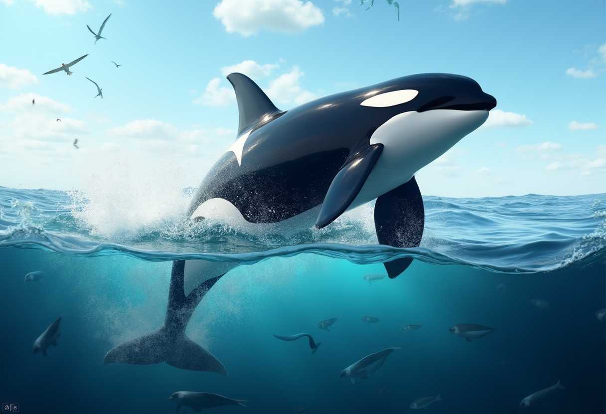 Create a photorealistic scene of an orca whale breaching out of the ocean. The image should show the whale half in the water, half above, with water splashing as it leaps. The underwater part should reveal the ocean floor, small fish, and light rays filtering through the water. Above the water, the sky should be clear with some light clouds, and seabirds flying around. The sunlight should reflect on the whale’s glossy black and white skin, enhancing its sleek form. The overall mood should feel vibrant and dynamic, capturing the energy of the orca mid-leap.