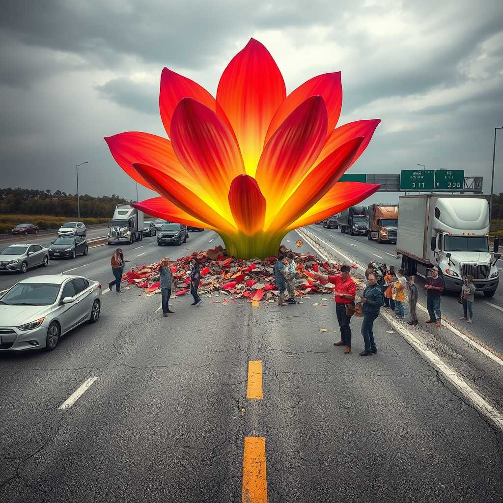 A surreal scene on an American highway: A beautiful vibrant flower with glowing unusually colored petals bursts through cracked asphalt and concrete. The flower's stem pushes upward, scattering fragments of road. In the foreground and background, various vehicles are stopped - cars, trucks, and semi-trucks idle haphazardly across lanes. People of diverse ages and appearances stand outside their vehicles, expressions of awe and wonder on their faces as they gaze up at the enormous flower. Some point, others take photos with their phones. The contrast between the gray highway infrastructure and the vivid, supernatural plant is stark. The perspective is from ground level, emphasizing both the flower's immense size and the stunned reaction of the onlookers.

